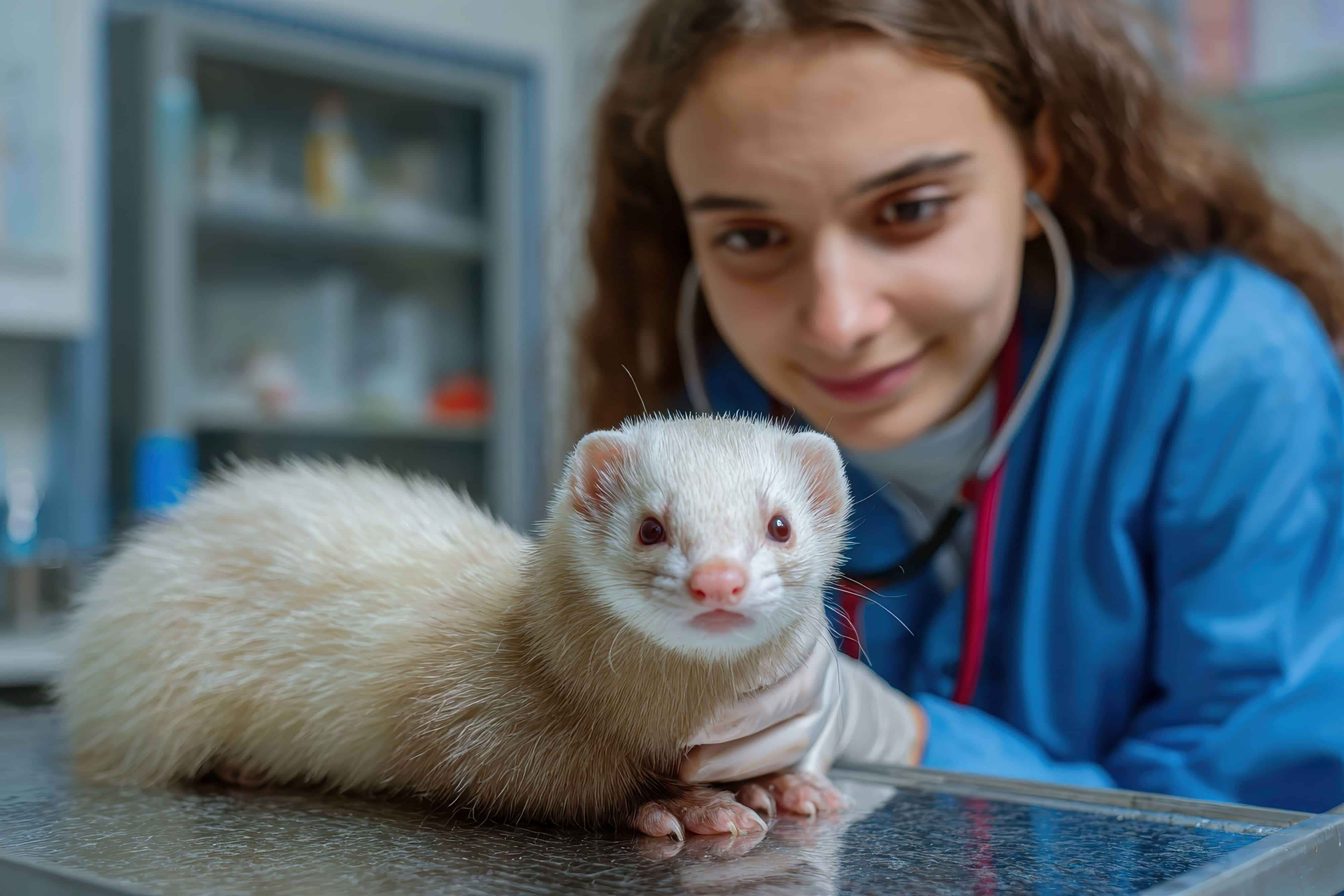 Veterinarian provides preventive care to ferret at animal clinic during routine health examination