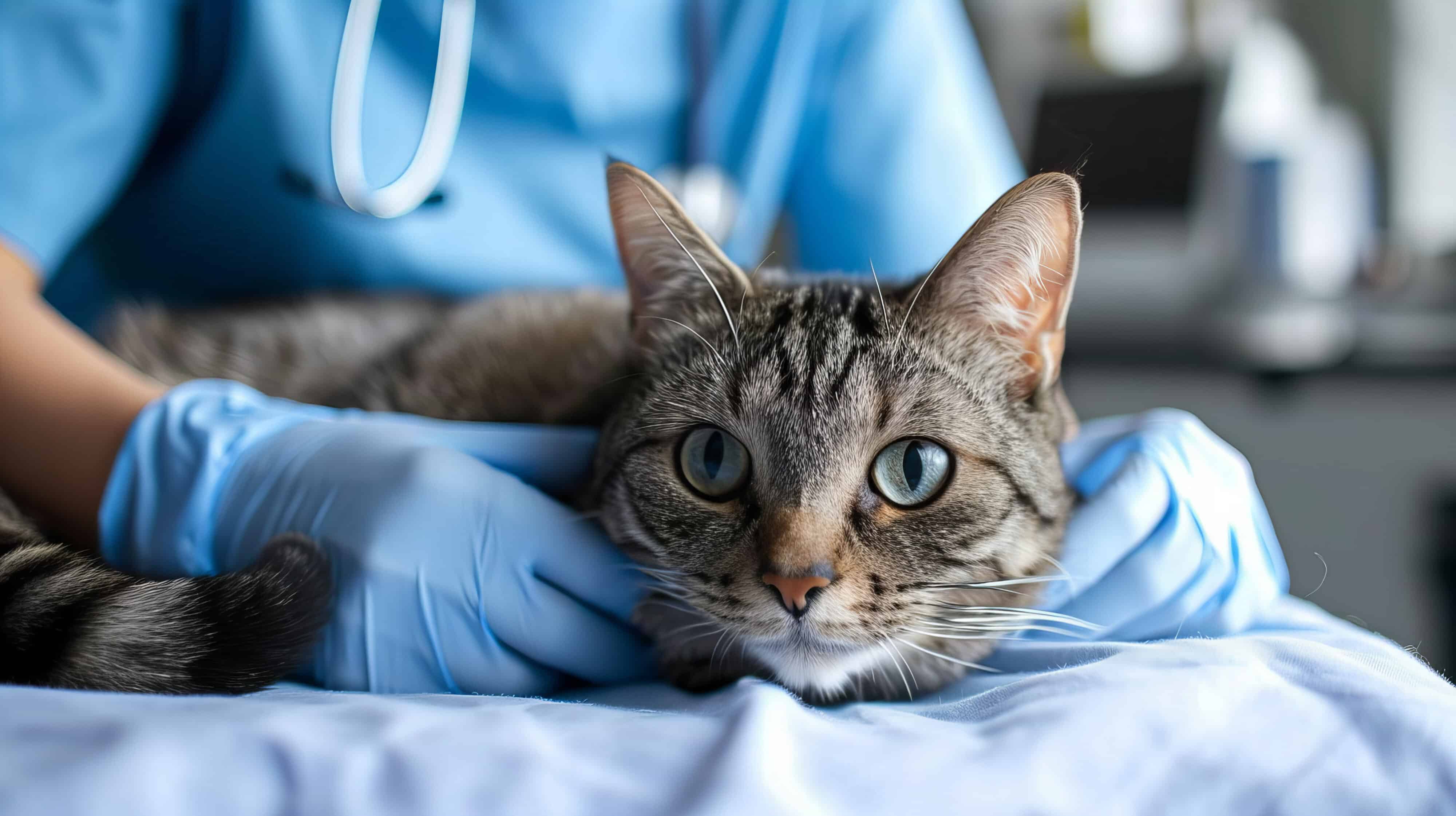 cat lying on a table at vet's surgery examined by the vet