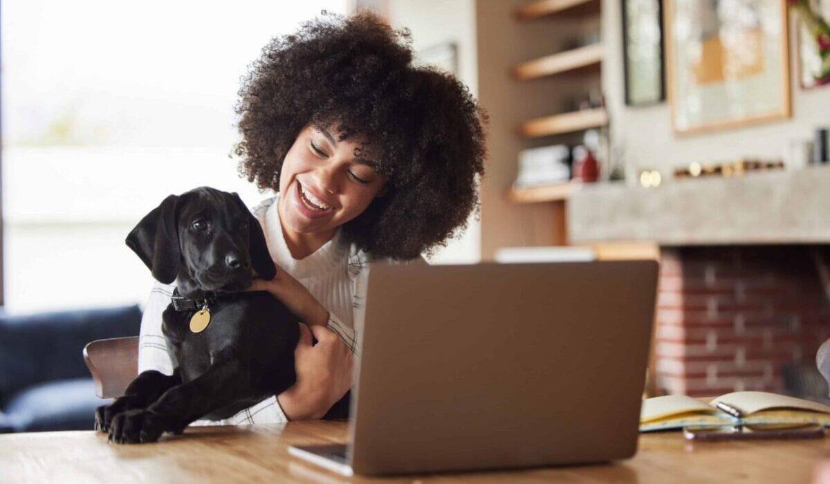 Woman working at laptop with puppy in her lap