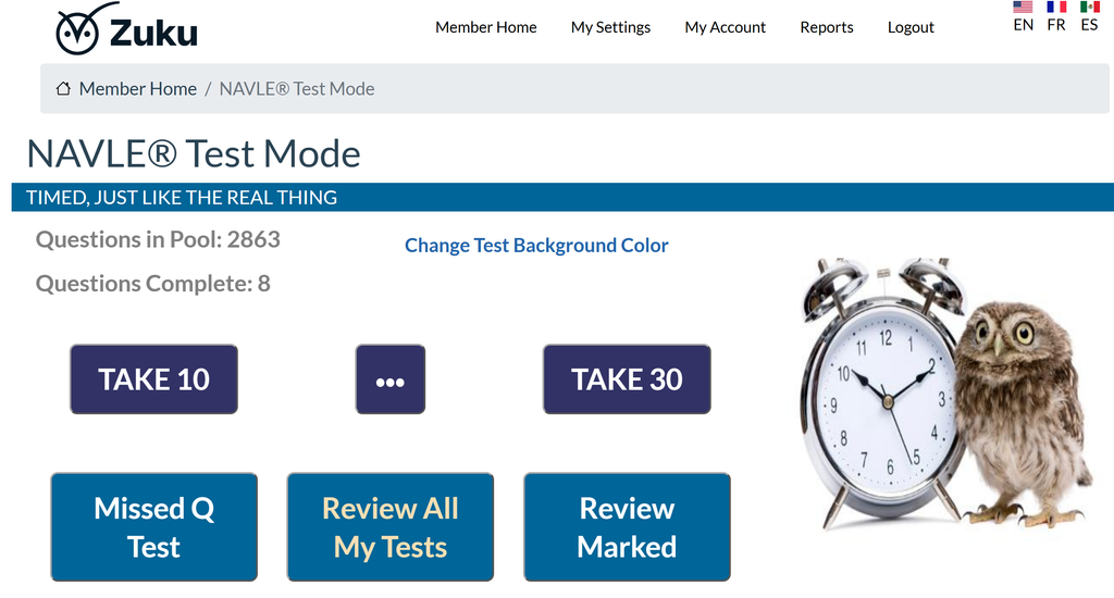 Zuku practice test selection screen